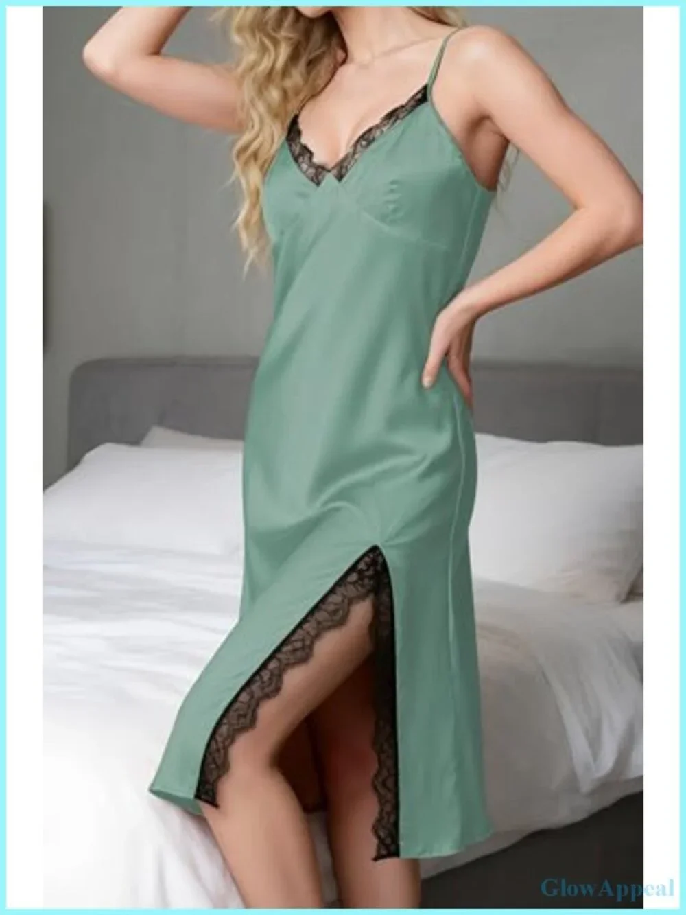 Satin Nightgown Lace Trim V-Neck Floral Chemise Slip Dress